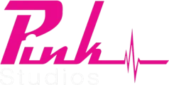 Λογότυπο Pink Studios η σύνθεση της τέχνης και της μουσικής σε ένα κομψό και δημιουργικό περιβάλλον.